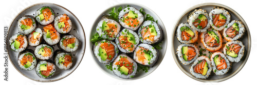 Set of fresh sushi maki rolls with salmon, avocado and black sesame seeds isolated on transparent or white background