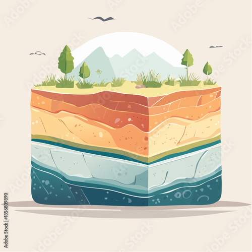Illustration of geological deposits with layered earth sections, featuring trees and mountains in the background, depicted in a colorful, stylized graphic.