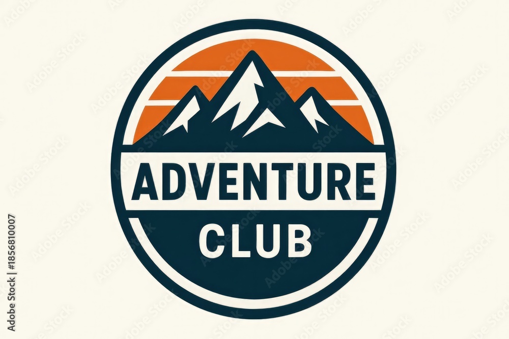 Obraz premium A circular logo featuring mountains and the text 'Adventure Club'. The design uses a color palette of orange, navy blue, and cream, emphasizing outdoor adventure themes.