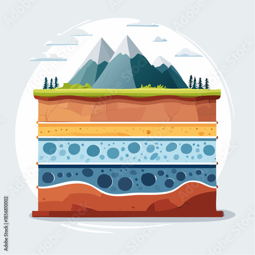 Illustration of geological deposits with mountain and soil layers in a circular frame against a light background.