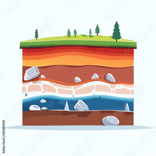 Illustration of geological deposits with layered earth sections and rocks on a white background with trees on top