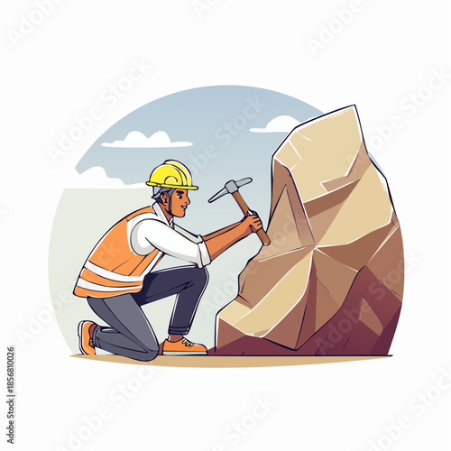 A construction worker wearing a yellow hard hat and orange vest uses a hammer to extract geological deposits from a large rocky outcropping in a cartoonish illustration with a blue sky