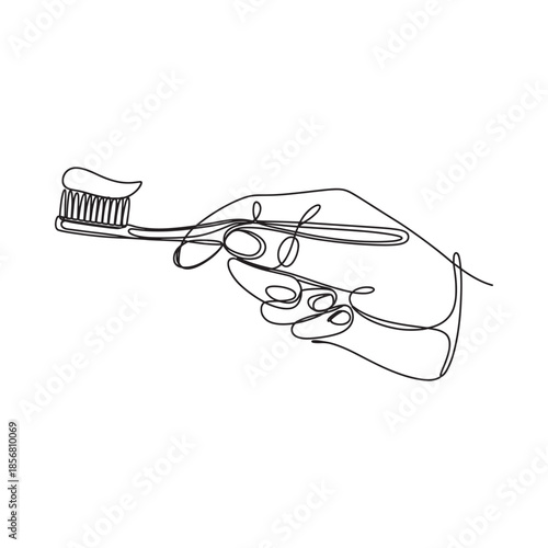 A minimalist line drawing of a hand holding a toothbrush