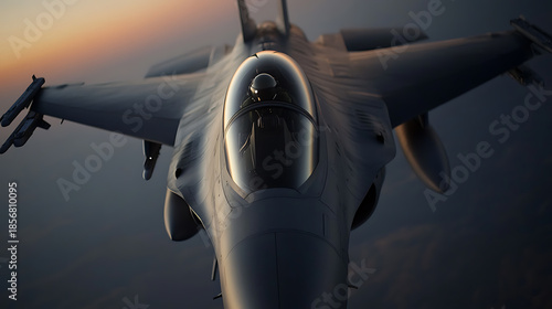 High-speed flight of a military jet is captured in this image. A single-seat aircraft soars against the sky, displaying its aerodynamic design and advanced technology in the sunset.