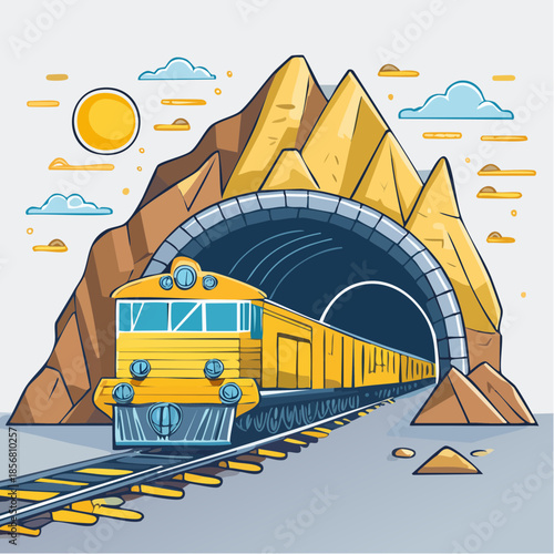 Illustration of a yellow train exiting a tunnel through geological deposits with a sunny sky and clouds in the background.