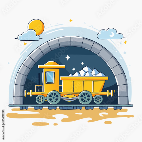 Cartoon-style illustration of a yellow mine train carrying geological deposits out of a tunnel with a sunny sky and clouds in the background.