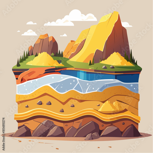 Illustration of geological deposits with mountain layers and soil strata in a cutaway view, showcasing various rock formations and earthy tones.