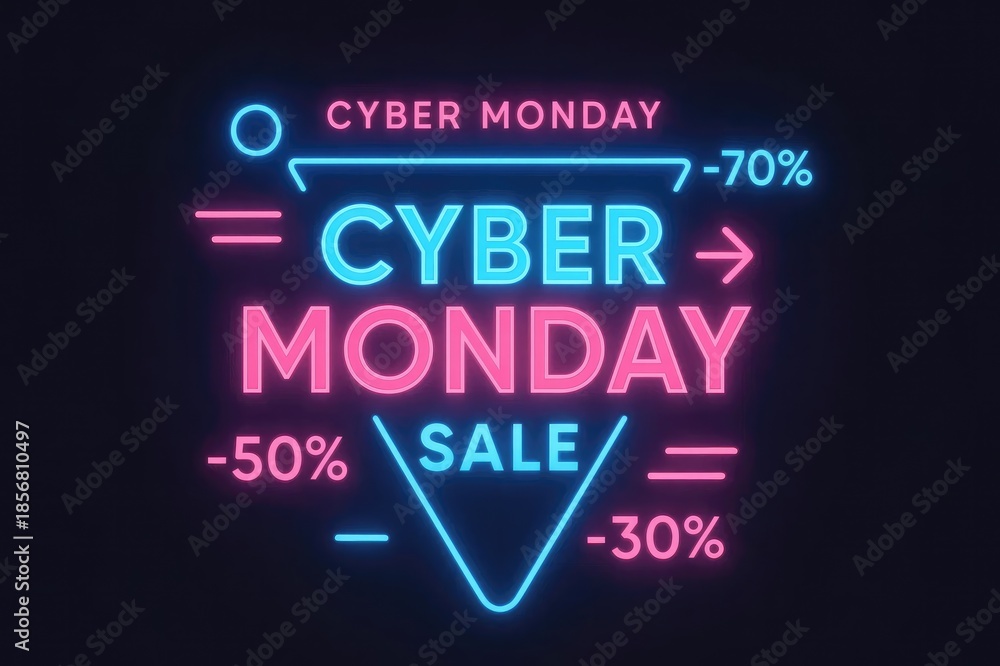 Obraz premium Bright neon sign promoting Cyber Monday sales with discounts of 30%, 50%, and 70%. The design features vibrant colors against a dark background.