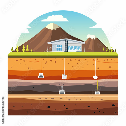 Illustration of geological deposits beneath a house with mountains in the background, showcasing various layers of earth and drilling equipment in a cutaway view.