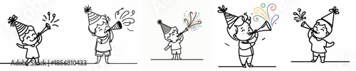 vector line art of a little boy blowing a trumpet at a New Year's party
