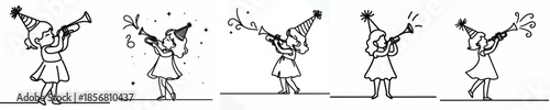 vector line art of a little girl blowing a trumpet at a New Year's party