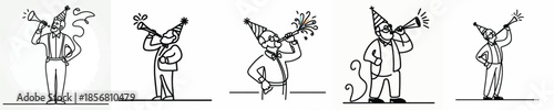 vector line art of a grandfather blowing a trumpet at a New Year's party