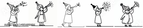 vector line art of a grandmother blowing a trumpet at a New Year's party