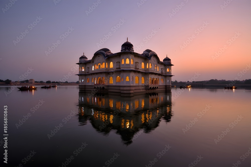 Fototapeta premium Illuminated palace on serene waters at sunset