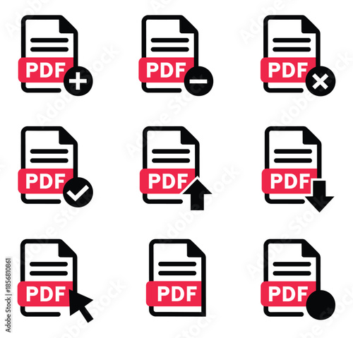 Comprehensive pdf document icons add, delete, upload, download files
