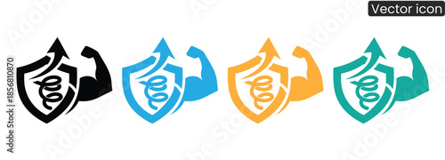 Dynamic shield icons with flexed arm and arrow convey strength and protection in vibrant colors, perfect for business, healthcare, and wellness branding