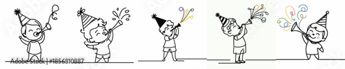 vector line art of a little boy blowing a trumpet at a New Year's party