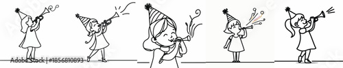 vector line art of a little girl blowing a trumpet at a New Year's party