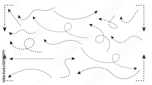 set of curved arrows with dashed lines, hand drawn dotted arrow paths, sketch style navigation pointers, abstract movement and navigation symbols, and doodle arrow set vector