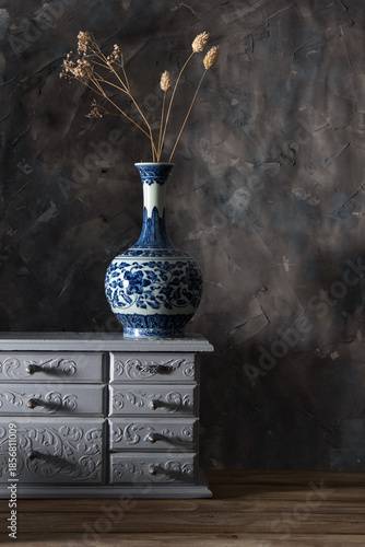 A ceramic vase on a light chest of drawers against a gray wall
