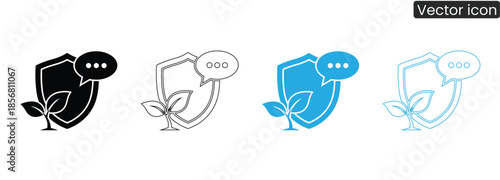 Collection of shield and chat icons with growing plant symbols in various colors