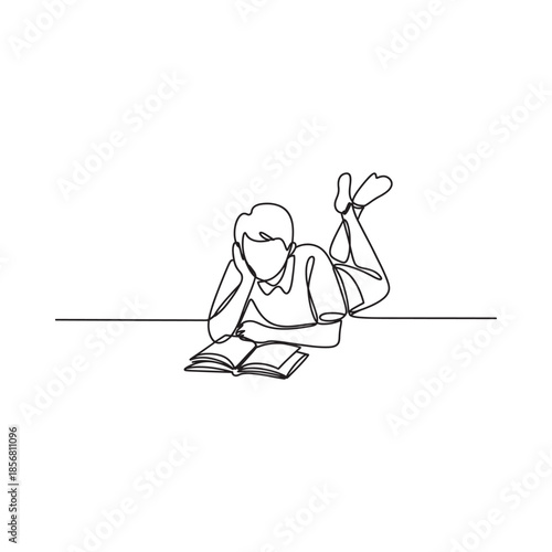 A continuous line drawing of a person reading a book while lying down