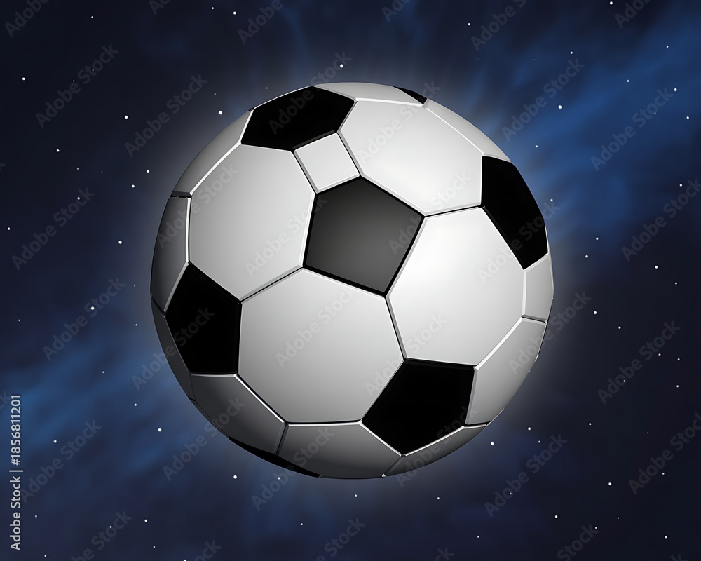 Naklejka premium A detailed 3D rendering of a classic black and white soccer ball suspended in a dark, starry night sky with swirling blue nebulas and glowing white pinpricks of light representing distant stars