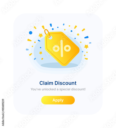 Claim discount popup notification modern UI. Promotional offer message popup user interface. Special discount confirmation popup app interface.