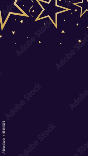 Fondo elegante vertical para invitación de fiesta con brillo dorado, estrellas y confeti en azul noche