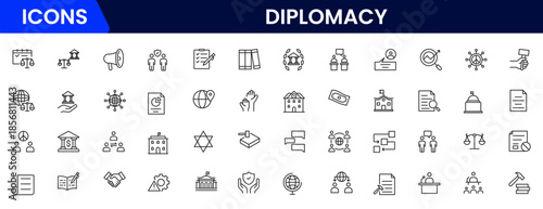 The diplomacy outline icon set comprises spoken and written communication, leaders, diplomats, the international system, and foreign policy. 