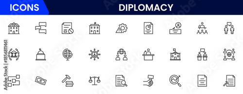 The diplomacy outline icon set comprises spoken and written communication, leaders, diplomats, the international system, and foreign policy. 