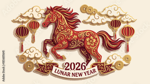 Year of the Horse 2026 paper cut greeting card. Lunar New Year vector illustration with red and gold layered paper effect