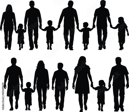 Flat vector family silhouettes holding hands, diverse parents and children, unity concept, black and white illustration, relationship bonding, togetherness theme