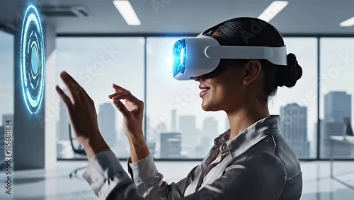 Professional woman wearing white VR headset interacting with virtual interface in modern office side profile view