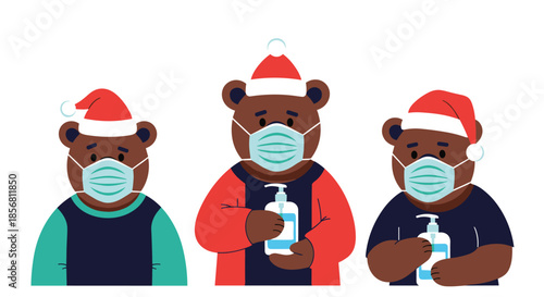 Three cartoon bears wearing Santa hats and medical face masks, holding hand sanitizer, promoting holiday safety during a pandemic.