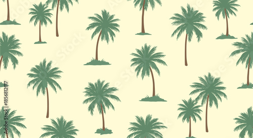 A relaxing seamless pattern of hand-drawn tropical palm trees with green leaves on a soft, pale yellow background for a vintage feel.