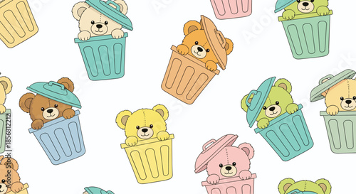 Seamless pattern of adorable cartoon teddy bears in various pastel colors peeking out from matching trash cans on a white background.