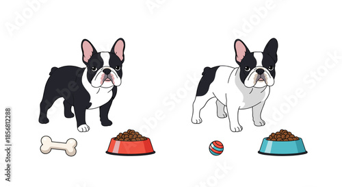 Two adorable Boston terrier illustrations with their food bowls, toys, and bones, showing slight variations in color and accessories.