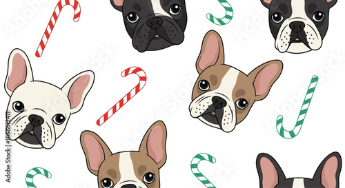 Festive and cute seamless Christmas pattern featuring the heads of different colored French bulldogs and scattered red and green candy canes.