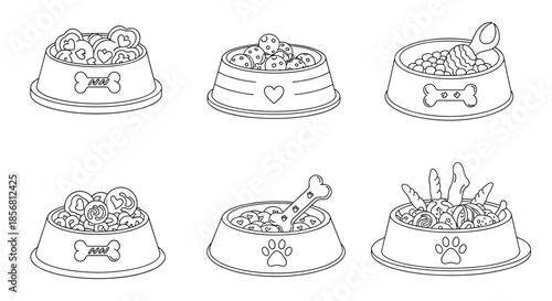 A set of six pet food bowls filled with various treats, kibble, and toys, illustrated in a clean black and white outline style.