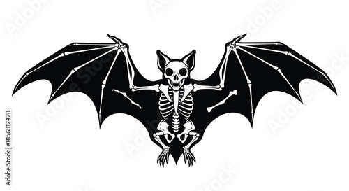 A spooky and detailed black and white illustration of a bat skeleton with its wings spread wide, isolated on a white background.