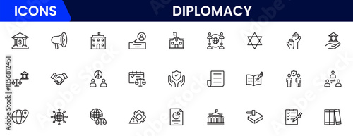 The diplomacy outline icon set comprises spoken and written communication, leaders, diplomats, the international system, and foreign policy. 