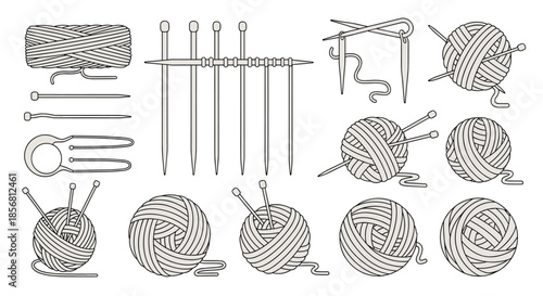 An extensive collection of knitting and crochet supplies, including yarn balls, needles, and hooks, in a clean monochrome outline style.