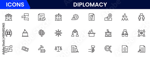 The diplomacy outline icon set comprises spoken and written communication, leaders, diplomats, the international system, and foreign policy. 
