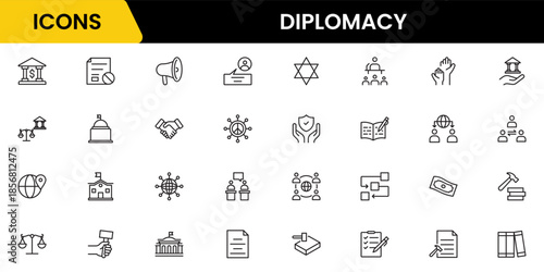The diplomacy outline icon set comprises spoken and written communication, leaders, diplomats, the international system, and foreign policy. 