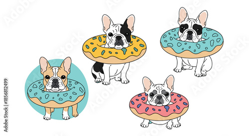 A cute collection of four French bulldogs of different colors wearing colorful frosted donut floaties around their necks.