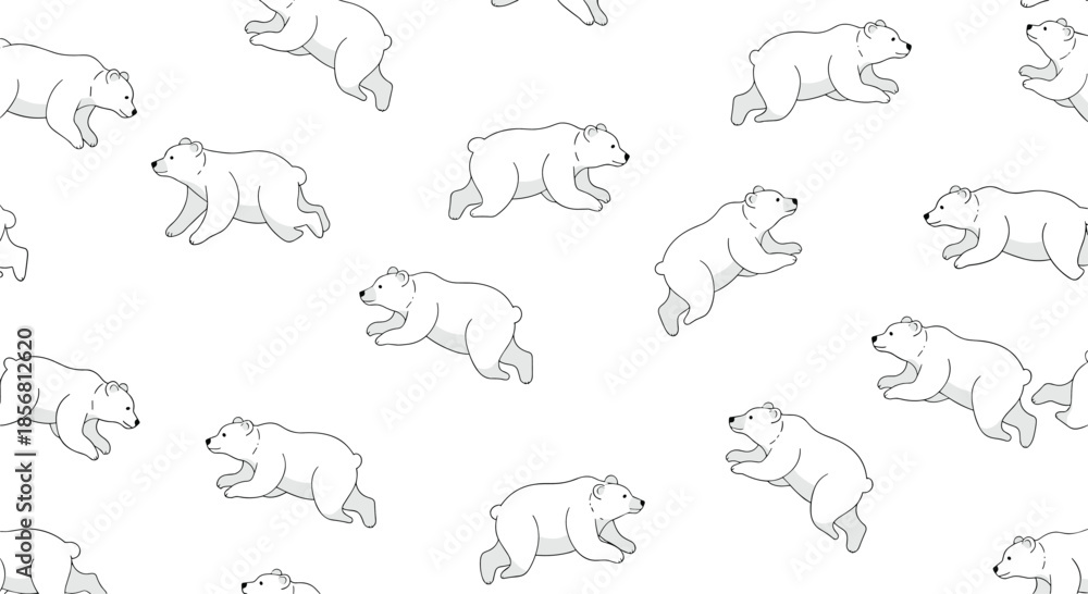 Fototapeta premium Minimalist seamless pattern of running polar bears in a simple black outline style on a white background. This repeating arctic animal design is great for textiles.