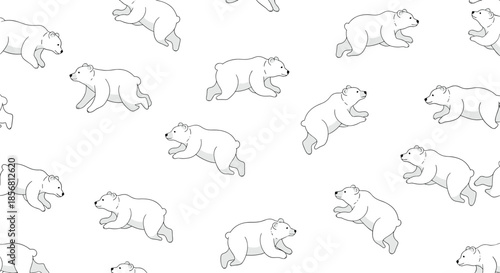 Minimalist seamless pattern of running polar bears in a simple black outline style on a white background. This repeating arctic animal design is great for textiles.