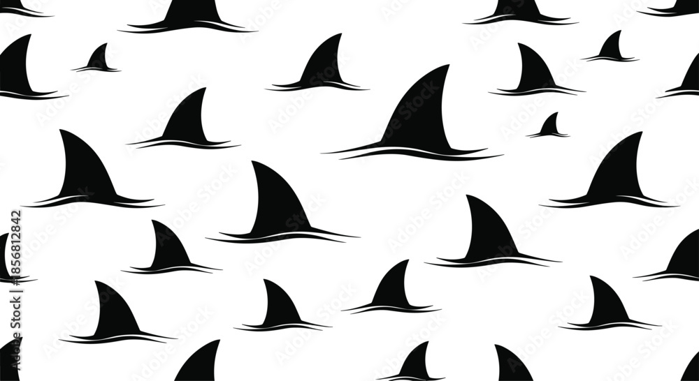 Fototapeta premium Minimalist seamless pattern of black shark fins moving through water on a white background. This simple, dramatic design is perfect for a bold and modern look.