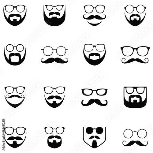 Hipster beard and mustache styles with glasses icons set